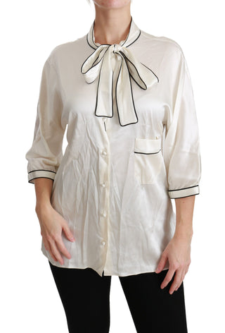 Elegant Beige Silk Blouse With Bow Scarf