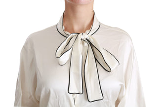 Elegant Beige Silk Blouse With Bow Scarf