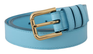 Elegant Sky Blue Leather Belt With Logo Buckle