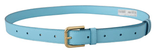 Elegant Sky Blue Leather Belt With Logo Buckle