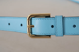 Elegant Sky Blue Leather Belt With Logo Buckle