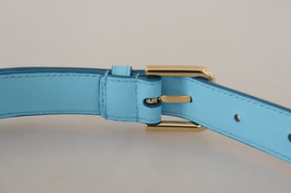 Elegant Sky Blue Leather Belt With Logo Buckle