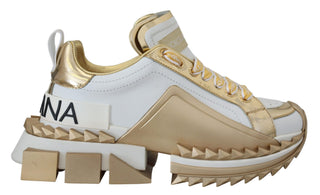 Elegant White And Gold Leather Sneakers