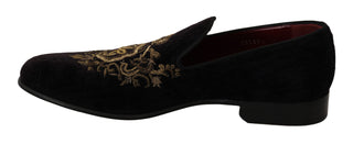 Elegant Black Loafers With Gold Crown Embroidery