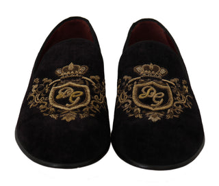 Elegant Black Loafers With Gold Crown Embroidery