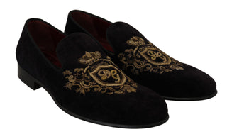 Elegant Black Loafers With Gold Crown Embroidery