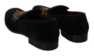 Elegant Black Loafers With Gold Crown Embroidery