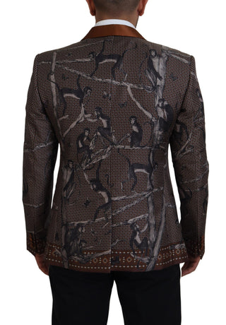 Elegant Bronze Brown Monkey Print Silk Blazer