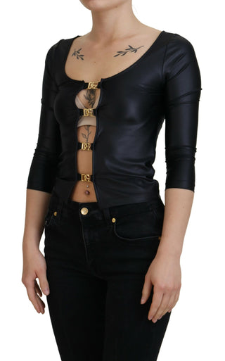 Elegant Black 3/4 Sleeve Top With Gold Detailing