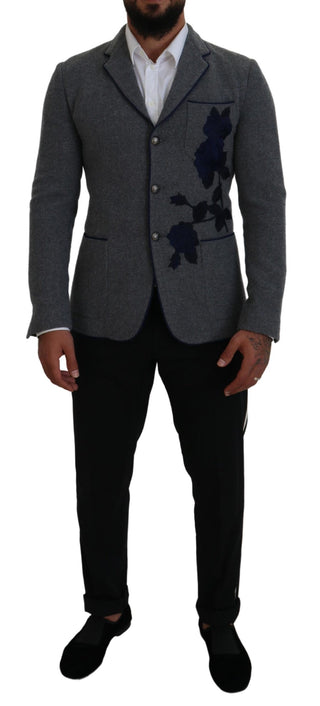 Elegant Gray Wool Blazer With Blue Rose Embroidery