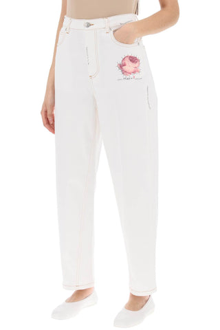 Jeans With Embroidered Logo And Flower Patch