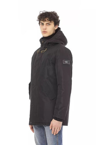 Baldinini Trend Clothing Sleek Black Long Jacket with Monogram Detail
