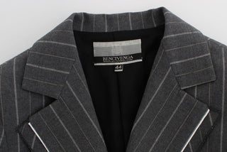 Bencivenga Clothing Elegant Gray Striped Dress & Blazer Suit Set