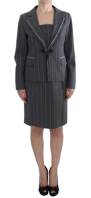 Bencivenga Clothing Elegant Gray Striped Dress & Blazer Suit Set