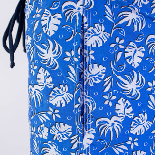 Elegant Blue Leaf Print Swim Shorts