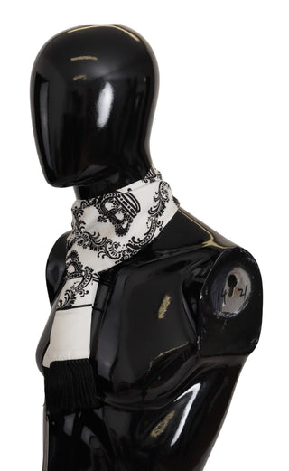 Dolce & Gabbana Accessories Black and White White Silk Royal Crown Mens Wrap Shawl Fringe Scarf