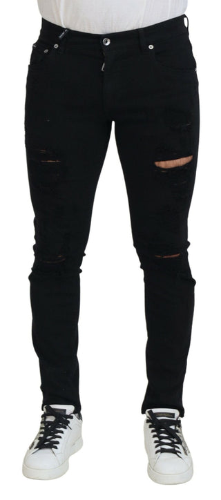 Dolce & Gabbana Clothing Black / IT48 | M / Material: 98% Cotton, 2% Elastane (stretch) Svelte Black Tattered Slim Fit Denim