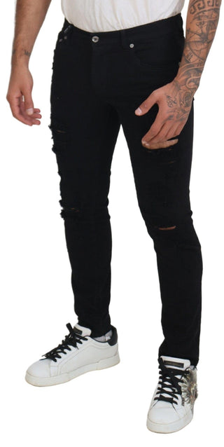 Dolce & Gabbana Clothing Black / IT48 | M / Material: 98% Cotton, 2% Elastane (stretch) Svelte Black Tattered Slim Fit Denim