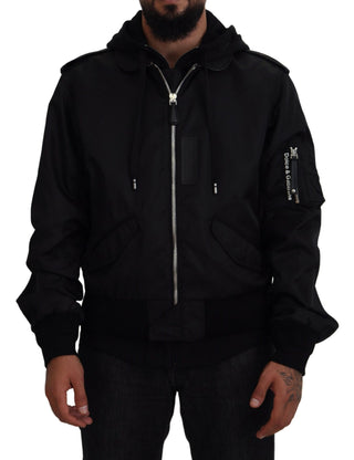 Dolce & Gabbana Clothing Black / IT50 | L / Material: 90% Nylon 10% Cotton Sleek Black Hooded Bomber Jacket