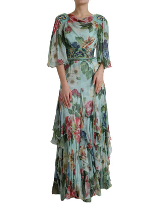 Dolce & Gabbana Clothing Blue / IT36|XXS / Material: 100% Silk Blue Floral Print Tiered Long Maxi Dress