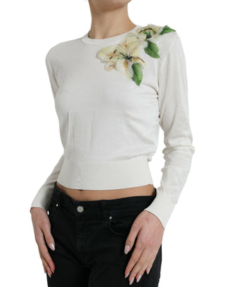 Dolce & Gabbana Clothing Material: 100% Silk / White / IT44 | L White Floral Silk Crew Neck Pullover Sweater