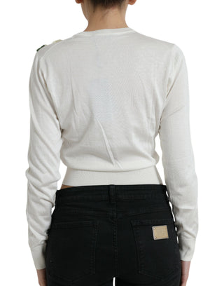 Dolce & Gabbana Clothing Material: 100% Silk / White / IT44 | L White Floral Silk Crew Neck Pullover Sweater