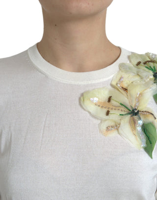 Dolce & Gabbana Clothing Material: 100% Silk / White / IT44 | L White Floral Silk Crew Neck Pullover Sweater