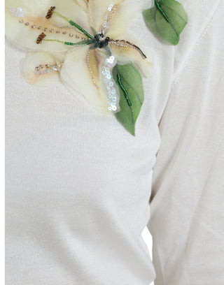 Dolce & Gabbana Clothing Material: 100% Silk / White / IT44 | L White Floral Silk Crew Neck Pullover Sweater