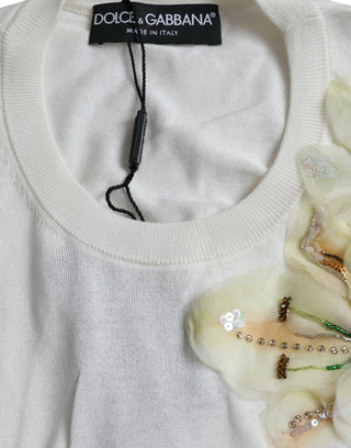 Dolce & Gabbana Clothing Material: 100% Silk / White / IT44 | L White Floral Silk Crew Neck Pullover Sweater