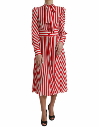 Dolce & Gabbana Clothing White and Red / IT44|L / Material: 100% Silk Elegant Striped Silk Maxi Dress with Ascot Collar