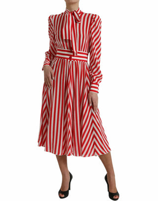 Dolce & Gabbana Clothing White and Red / IT44|L / Material: 100% Silk Elegant Striped Silk Maxi Dress with Ascot Collar