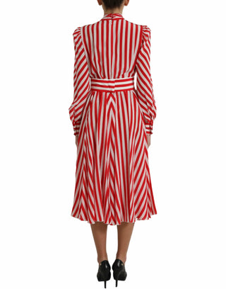 Dolce & Gabbana Clothing White and Red / IT44|L / Material: 100% Silk Elegant Striped Silk Maxi Dress with Ascot Collar
