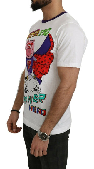 Dolce & Gabbana Clothing White Cotton Top Super Power Pig T-shirt