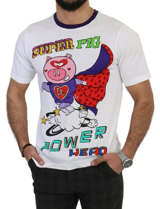 Dolce & Gabbana Clothing White Cotton Top Super Power Pig T-shirt