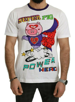 Dolce & Gabbana Clothing White Cotton Top Super Power Pig T-shirt