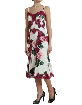 Dolce & Gabbana Clothing White / IT40|S White Rose Print Lace Silk A-line Midi Dress