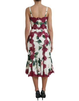 Dolce & Gabbana Clothing White / IT40|S White Rose Print Lace Silk A-line Midi Dress