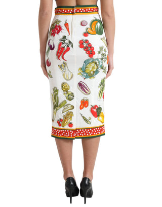 Dolce & Gabbana Clothing White / IT42|M White Vegetable Print High Waist Midi Skirt