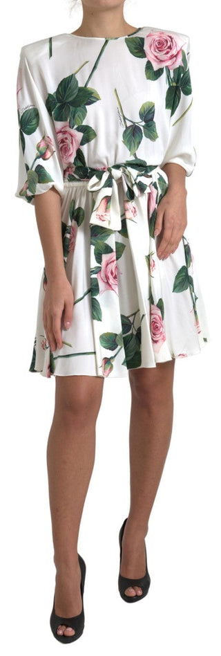 Dolce & Gabbana Clothing White / IT44 | L White Roses Print Stretch Silk A-line Dress