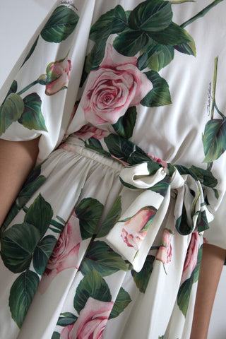 Dolce & Gabbana Clothing White / IT44 | L White Roses Print Stretch Silk A-line Dress