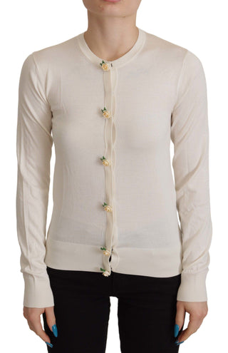 Dolce & Gabbana Clothing White Silk Knit Rose Button Cardigan Sweater