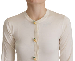 Dolce & Gabbana Clothing White Silk Knit Rose Button Cardigan Sweater