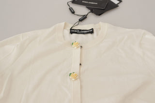 Dolce & Gabbana Clothing White Silk Knit Rose Button Cardigan Sweater