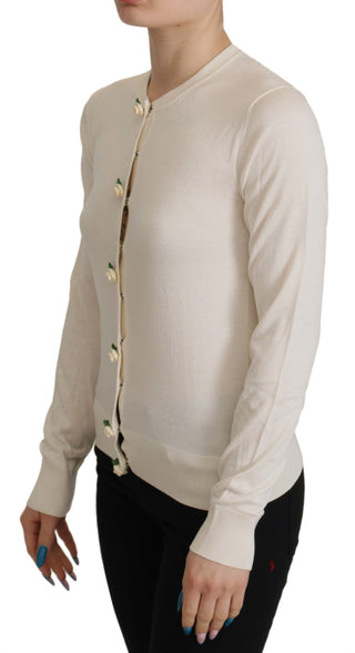 Dolce & Gabbana Clothing White Silk Knit Rose Button Cardigan Sweater