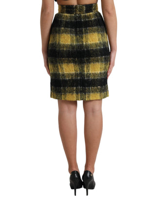 Dolce & Gabbana Clothing Yellow / IT40|S / Material: 81% Virgin Wool 18% Nylon 1% Elastane High Waist Check Print Silk-Lined Mini Skirt