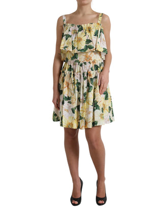 Dolce & Gabbana Clothing Yellow / IT46|XL / Material: 100% Cotton Chic Cold-Shoulder Floral Mini Dress