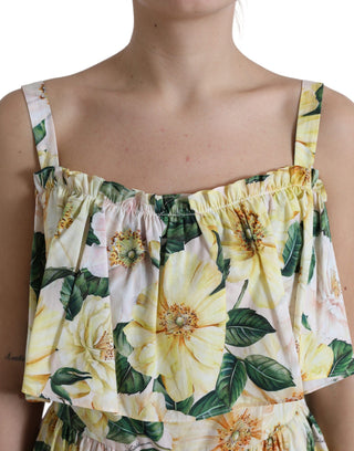 Dolce & Gabbana Clothing Yellow / IT46|XL / Material: 100% Cotton Chic Cold-Shoulder Floral Mini Dress