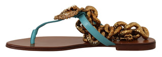 Dolce & Gabbana Flat Shoes Blue Leather Devotion Flats Sandals