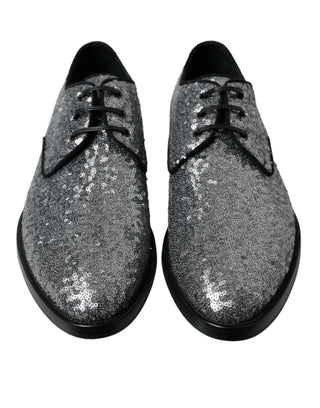 Dolce & Gabbana Formal Black | Silver / EU39/US6 / Material: Leather Silver Sequined Lace Up Men Derby Dress Shoes