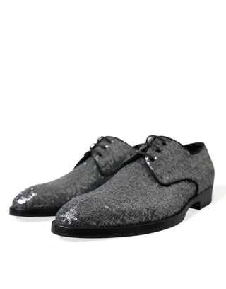 Dolce & Gabbana Formal Black | Silver / EU39/US6 / Material: Leather Silver Sequined Lace Up Men Derby Dress Shoes